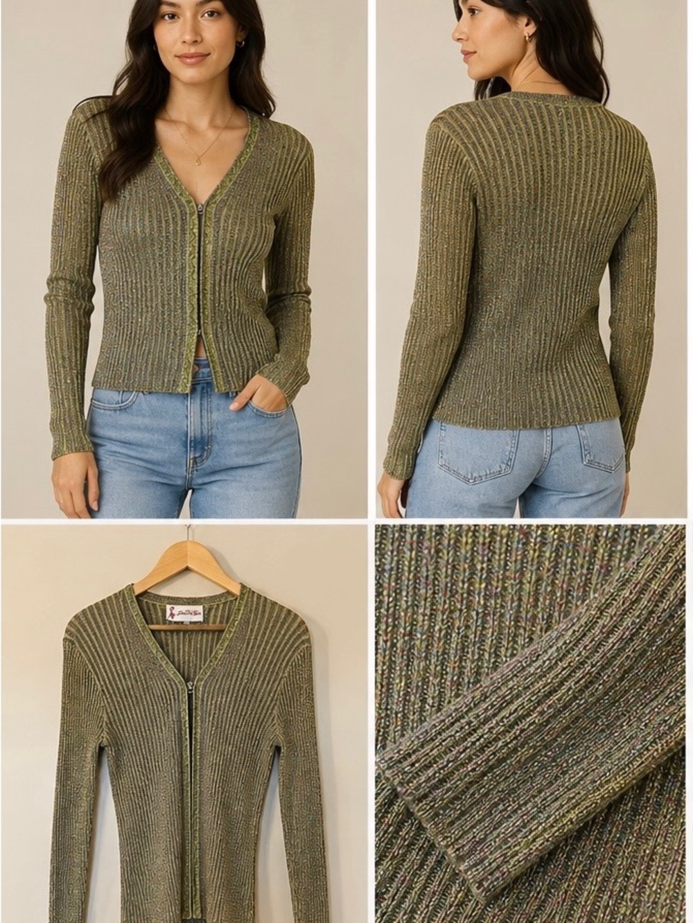 Front Clip Ribbed Sparkly Beaded Sweater in Olive Green